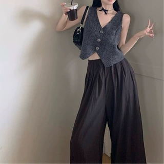 小香风无袖内搭纯色马甲背心夏季修身显瘦短款外穿上衣裤子两件套