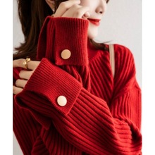 秋冬季日韓新款半高領針織衫設計感袖口毛衣女氣質百搭打底上衣