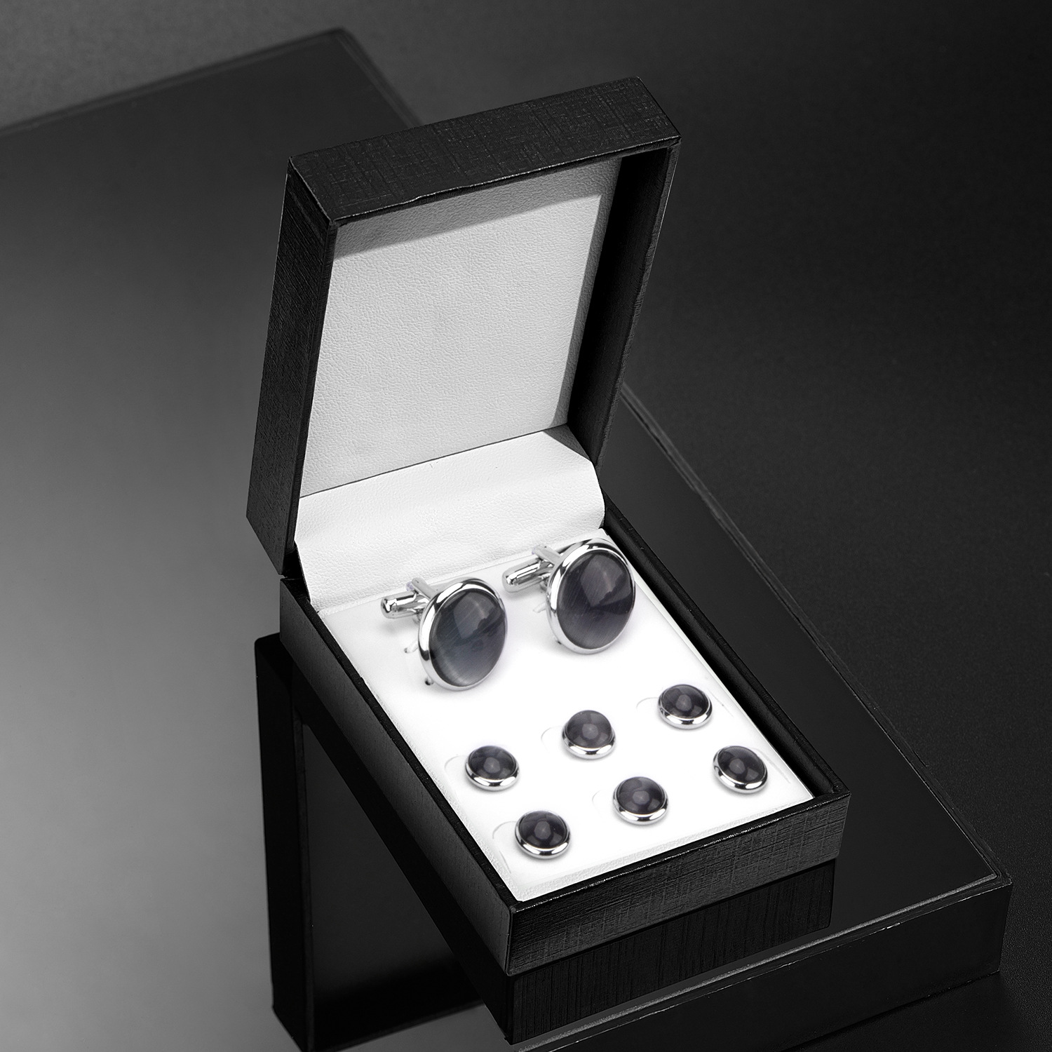 (블랙) 커프스 단추 한 쌍 + 소매 못 6개 + 상자