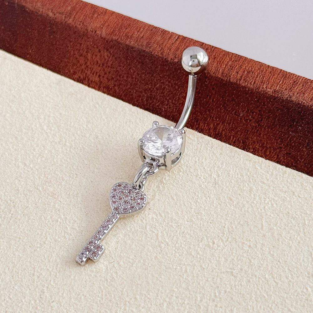 European And American Cross-Border Fashion Heart Key Lock Shape Copper Zircon Piercing Jewelry Stud Navel Ring_voghion.com