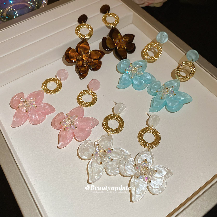 Pendientes de borla de flor de vidrio de resina de aguja de plata Pendientes de lujo ligero y dulce de alta gama Pendientes de nicho de moda mujer