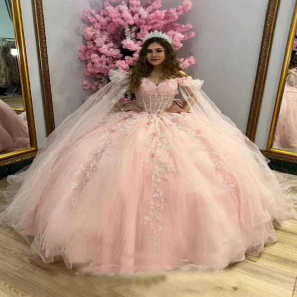 2026 New Adult Ceremony Dress Prom Dress Pink Off-Shoulder 3D Flower Lace Embroidery Evening Dress Tulle