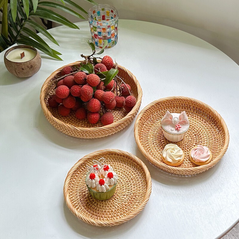 Fruit Basket Vietnamese Rattan Woven Bamboo Storage Basket Living Room Woven Fruit Tray Straw Woven Steamed Bun Basket Tray Country Style