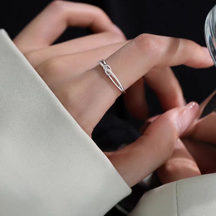 Fangxing S999 Pure Knotted Ring For Women, Niche Design, High-end Luxury, Open Index Finger Ring, Full Silver Band_voghion.com