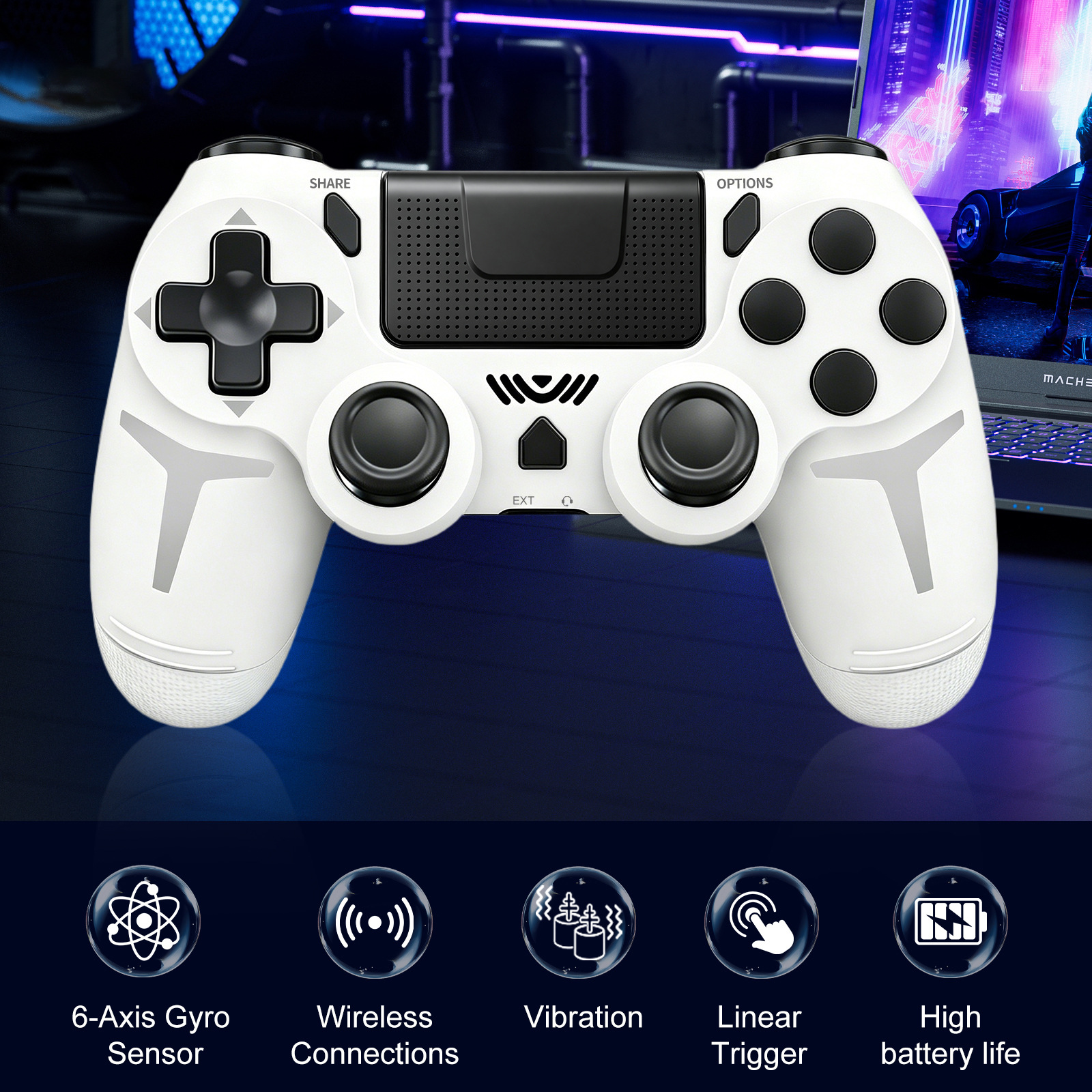 Control inalámbrico Bluetooth para videojuegos PS4 de ABS con doble vibración, giroscopio de seis ejes para PS4 y PC Steam