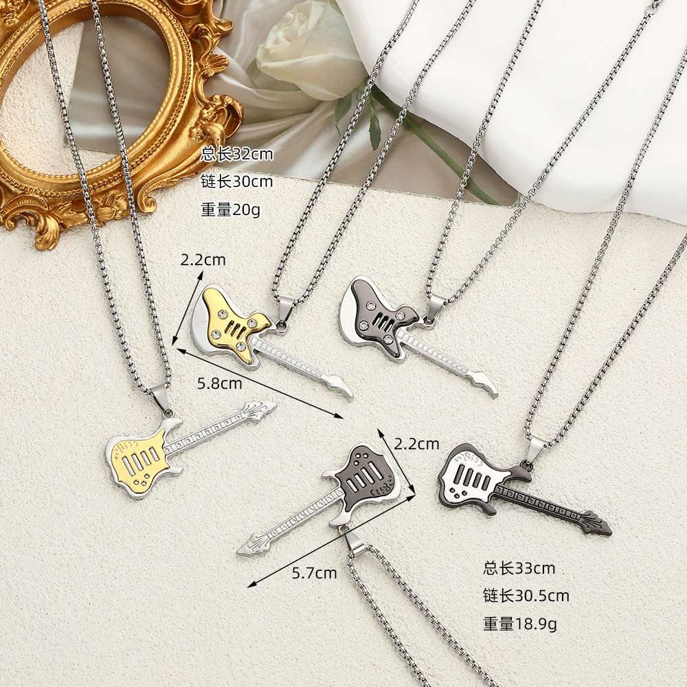 New Ins Style Guitar Pendant Necklace Men's Hip-Hop Stylish Rock Guitar Music Festival Jewelry Sweater Chain Wholesale