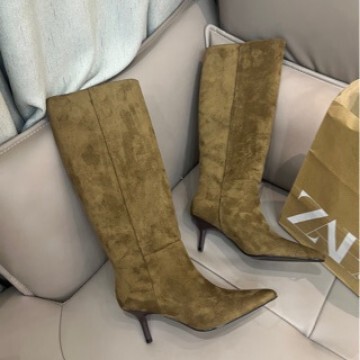Zakq In-Stock White Label Original Label Autumn and Winter New Retro Style Large Barrel Knee-High Boots Pointed Toe High Heel Riding Boots Stiletto Heel