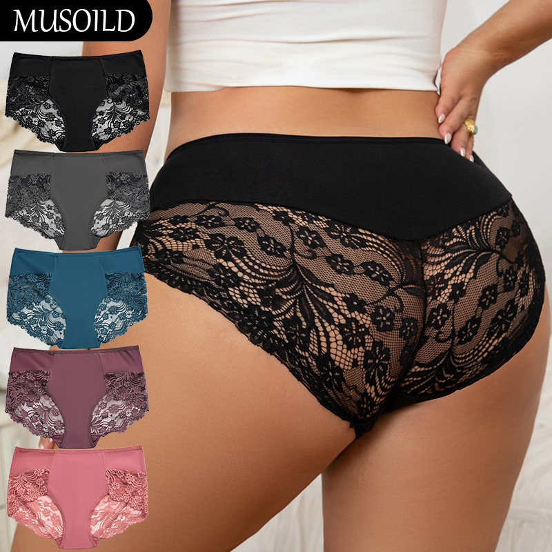 Encaje sexy talla grande ropa interior para mujer bolso cadera cintura alta entrepierna de algodón puro hueco transparente gordo MM calzoncillos estilo explosivo transfronterizo