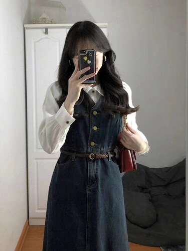 suspender dress set denim vest dress children autumn chanel style white shirt casual two-piece top