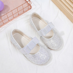 Girls' leather shoes Princess shoes 2023 autumn new crystal children's sequin bow soft sole little girl single shoes