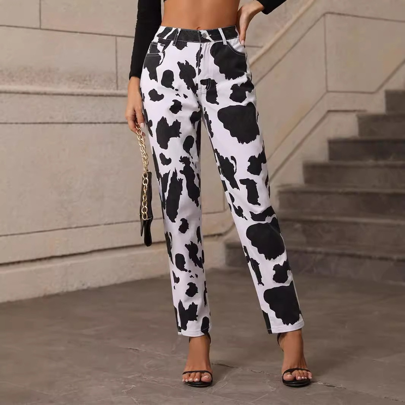 Pre-Sale 35597 # Amazon Cross-Border European and American Women's Cow Pattern Printed High-Waisted Casual Personalized Denim Trousers