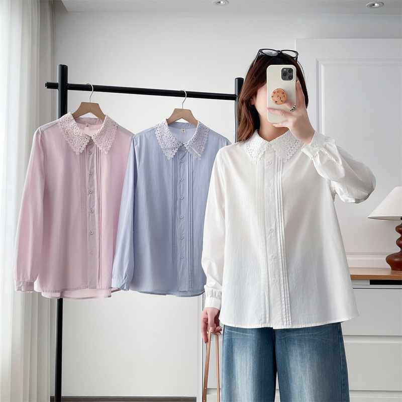 2026 Spring and Autumn Plus Size Cotton Shirt Long Sleeve Women's Lace Collar Patchwork Cardigan Blouse for Plus Size Girls Versatile Shirt 6194 2026 Spring and Autumn Plus Size Cotton Shirt Long Sleeve Women's Lace Collar Patchwork Cardigan Blouse for Plus Size Girls Versatile Shirt 6194
