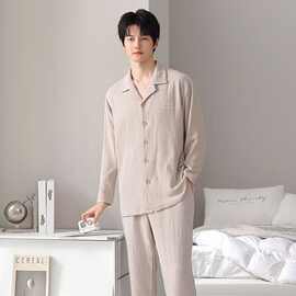 新款男士纯棉睡衣春秋翻领开衫长袖长裤全棉可外穿套装家居服套装
