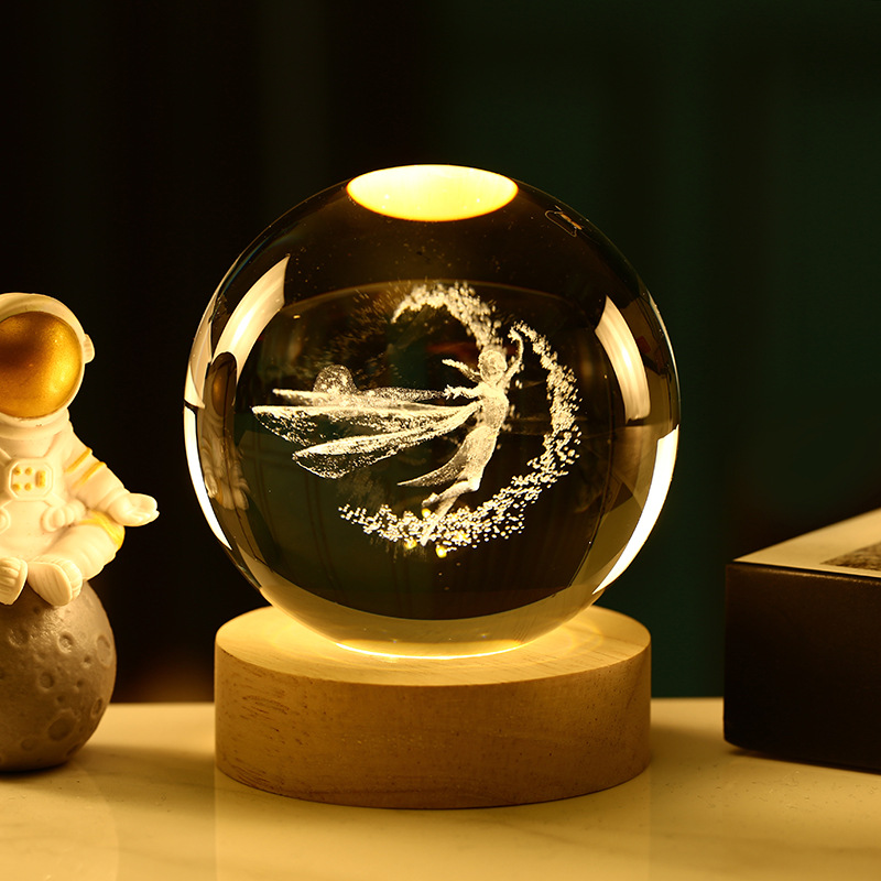 Bola de cristal 3D de la Vía Láctea — grabado interno luminoso con base de madera, luz nocturna decorativa creativa