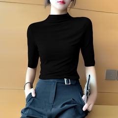 大きいサイズの半高襟の中袖のtシャツの女性の春の夏の薄い金の修身の弾力の中で7分の袖の底のシャツの上着を掛けます。