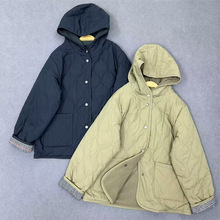 夹棉绗缝小棉袄 内里加绒连帽薄棉衣日系女秋冬保暖外套