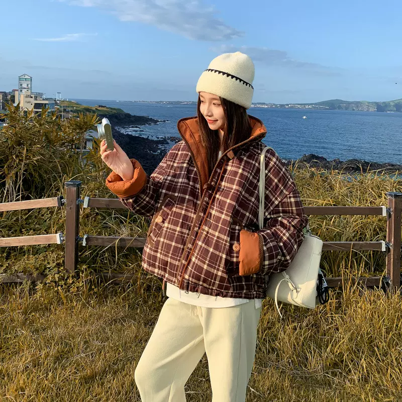 格子设计感棉服2025冬女短款宽松加厚学生棉衣外套两面穿上衣女