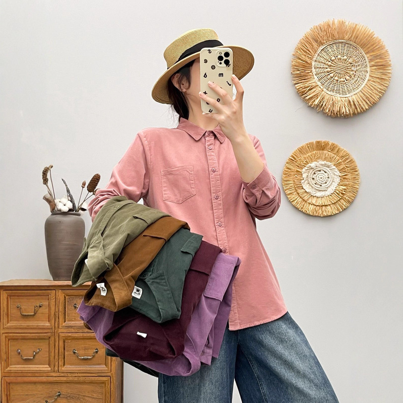8372 Autumn/Winter Pointed Collar Pocket Corduroy Long Sleeve Shirt for Women 2025 Autumn Casual Artistic Shirt Top Trendy