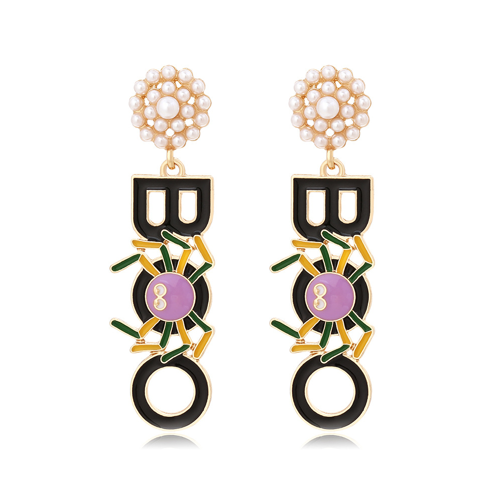 17g Weight 304 Stainless Steel Ear Needle Material 1 Pair Halloween Hip-Hop Funny Letter Spider Enamel Plating Inlay Alloy Artificial Pearls Drop Earrings