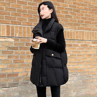 中长款羽绒服马夹女2026冬季新款流行洋气欧货黑色白鸭绒马甲外套