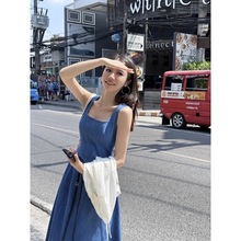 蓝雾之恋法式牛仔连衣裙女夏小众设计感收腰气质吊带长裙蓝色其他