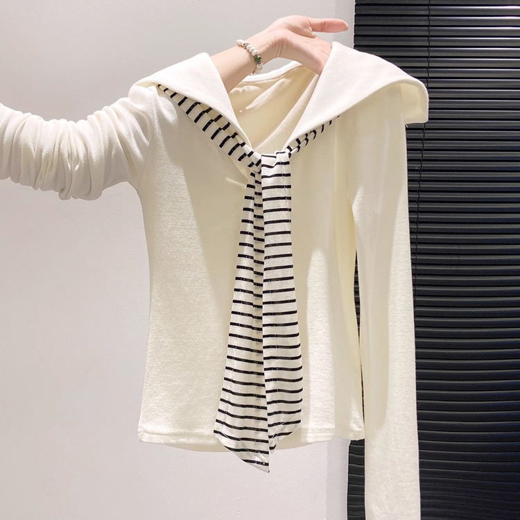 Navy Collar Long-Sleeved T-Shirt for Women 2026 Spring and Autumn New Style Striped Tie Patchwork Slim-Fit Design Top Navy Collar Long-Sleeved T-Shirt for Women 2026 Spring and Autumn New Style Striped Tie Patchwork Slim-Fit Design Top