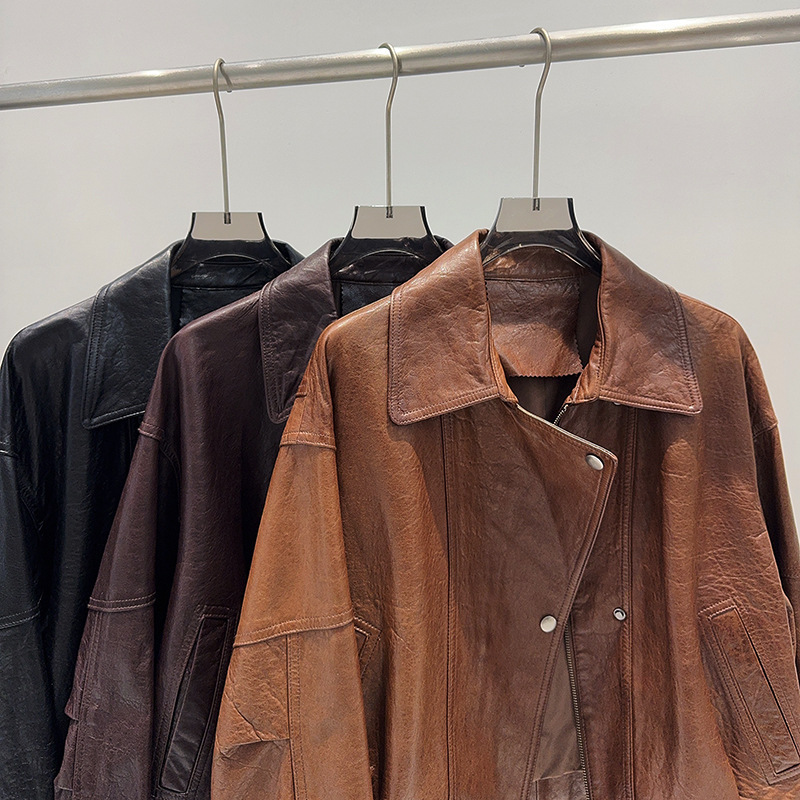 European Genuine Leather Jacket for Women 2025 Autumn New Style Sheepskin Oil Wax Leather Jacket Cool Biker Cracked Leather Coat European Genuine Leather Jacket for Women 2025 Autumn New Style Sheepskin Oil Wax Leather Jacket Cool Biker Cracked Leather Coat