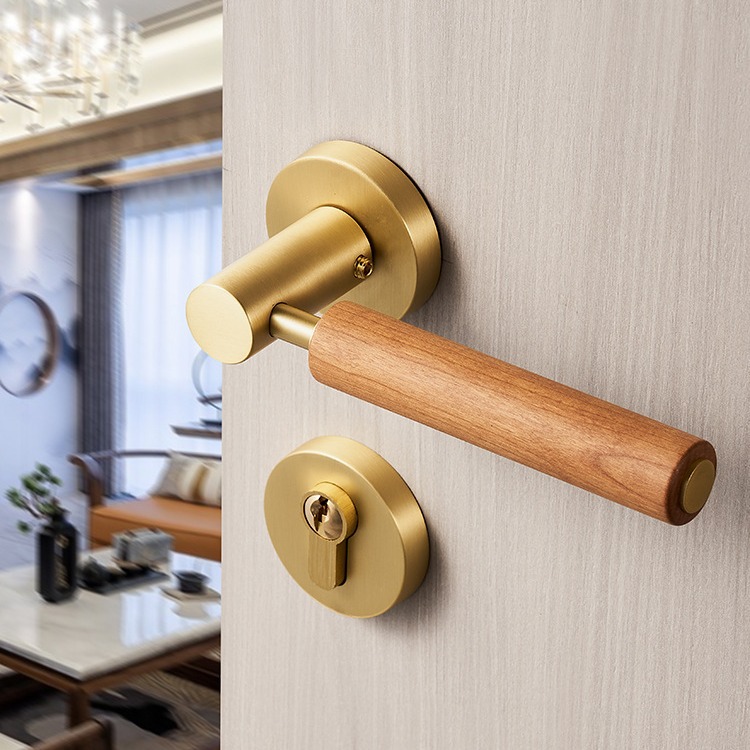 Cerradura de Puerta Interior de Latón para el Hogar, Suministro Directo de Fábrica, Totalmente en Cobre, Estilo Francés, Silenciosa, Magnética, Retro, con Manija de Madera de Cerezo para Dormitorio