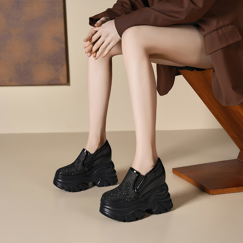 Giày sneaker platform nữ đế dày 12cm, lưới thoáng khí, phong cách loafer lỗ xỏ — Màu đen