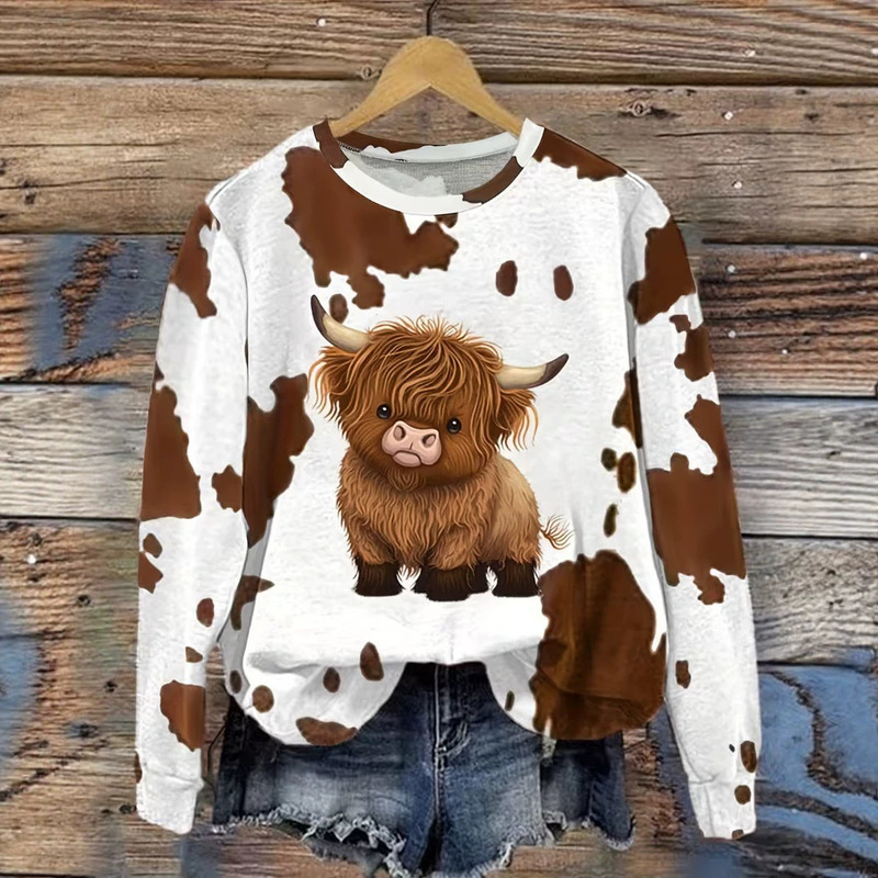 European and American style fun cow print Highland cow 3D printed sweatshirt for women, versatile loose fit, drop shoulder, round neck pullover top European and American style fun cow print Highland cow 3D printed sweatshirt for women, versatile loose fit, drop shoulder, round neck pullover top