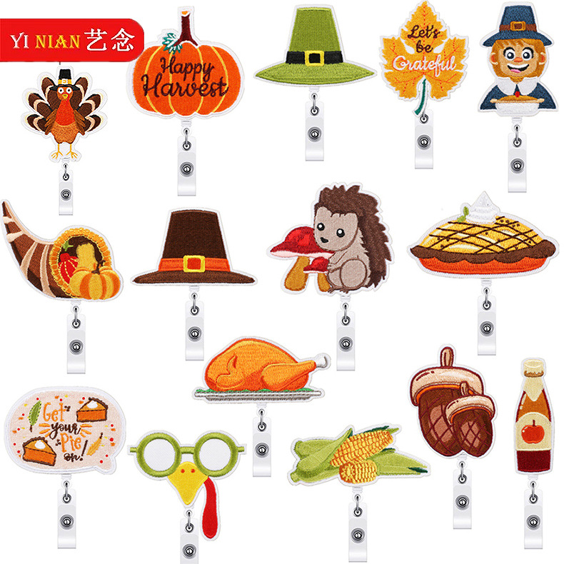 艺念烤鸡易拉扣刺绣布贴感恩节风格补丁贴玉米松果鳄鱼夹刺绣贴