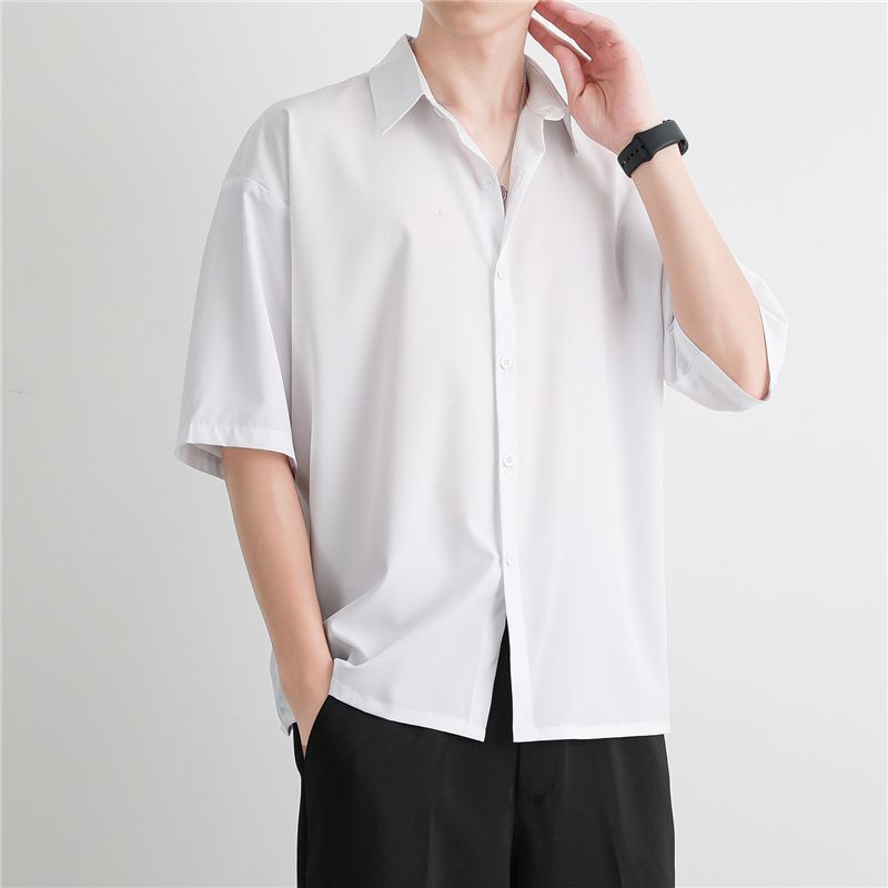 夏用メンズ黒半袖シャツ、ゆったり、ノンアイロン、薄手、ミッドスリーブ、メンズ白シャツ、トレンド|undefined