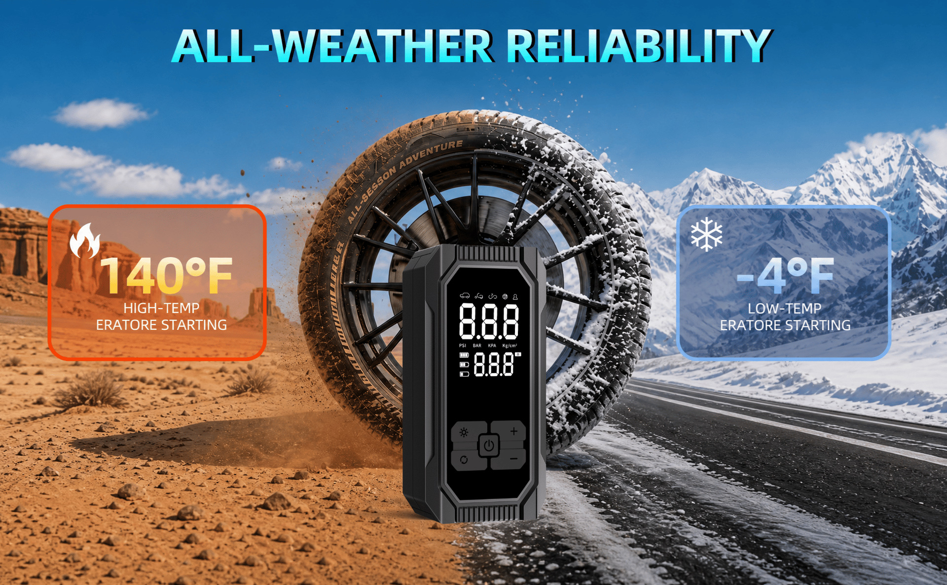 Car emergency jump starter and air pump combo, portable multi-functional digital display air pump for in-car use