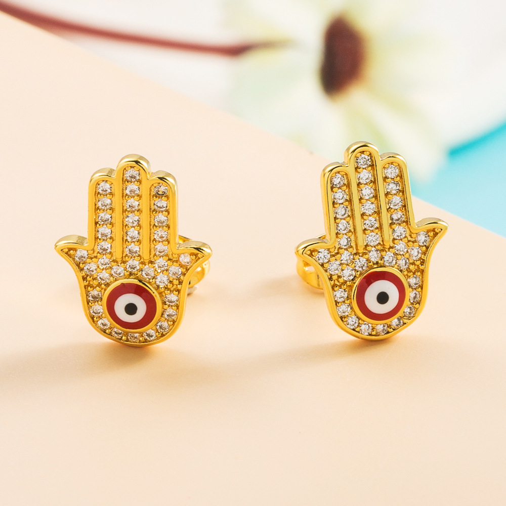 Mode Kupfer Mikro-set Farbe Zirkon Fatima Palm Ohrringe Teufels Auge Ohrringe display picture 3
