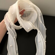 欧根纱蕾丝珍珠长条丝巾女超仙2026新款春夏系脖发带颈饰围巾领巾