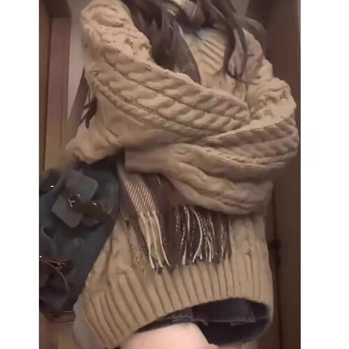 Lazy Style Retro V-Neck Crochet Lantern Sleeve Hooded Cardigan Women's Autumn/Winter New Loose Thick Knitted Top