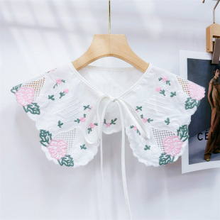 New Hot Cute Color Flower Embroidered Fake Collar Japanese Style Small Shawl Pure Cotton All-match Pastoral Style Sweet Fake