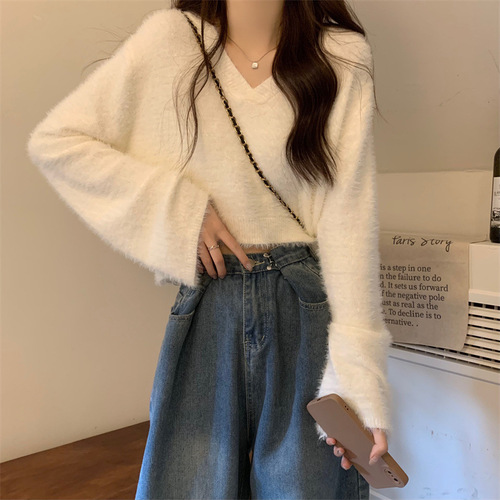 French-style atmosphere collar inner layer crew neck knitted sweater for women autumn and winter faux mink short sleeve sweater