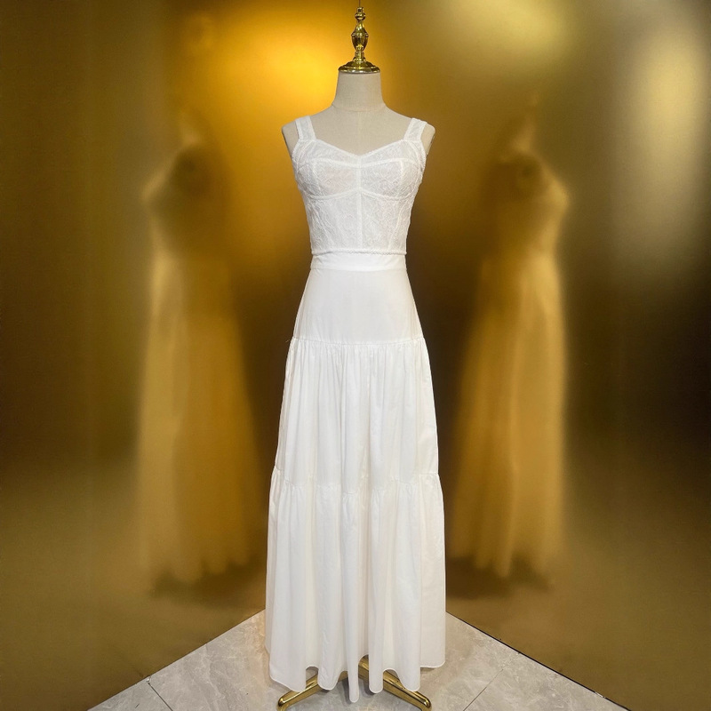 Fairy-Style White Lace Cotton Corset Top Paired with a Long Skirt Two-Piece Set, Gentle and Elegant Socialite Style