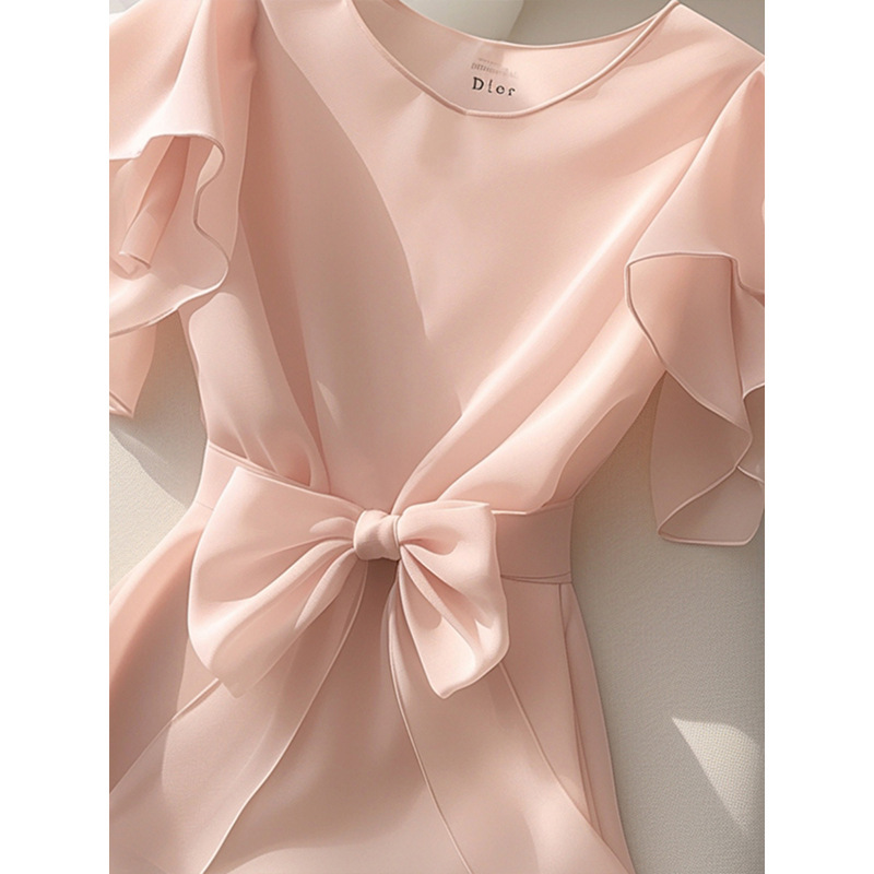 French Style Elegant Unique Chic Design Niche Top Women's Fashionable Western Style Tight Waist Pink Chiffon Shirt Summer French Style Elegant Unique Chic Design Niche Top Women's Fashionable Western Style Tight Waist Pink Chiffon Shirt Summer