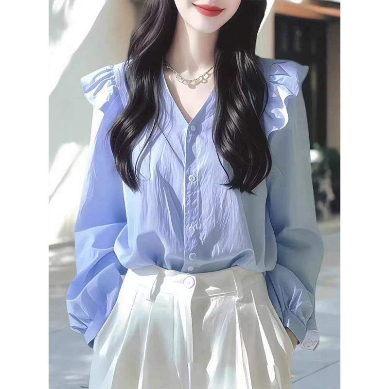 В этом году популярная красивая маленькая рубашка легкая роскошь высокого класса французская нишевая красивая синяя рубашка с длинными рукавами женская новая осень