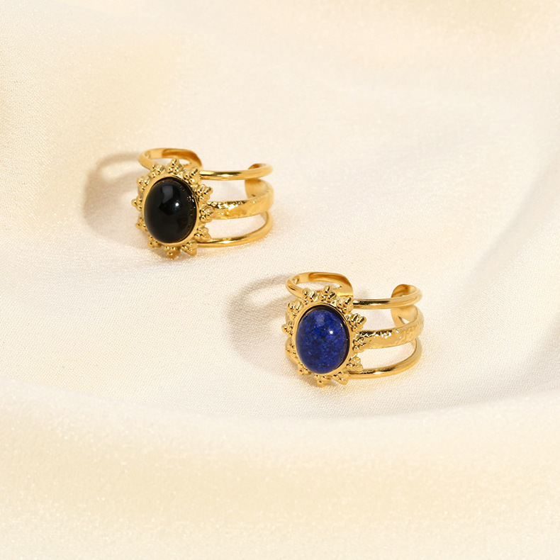 Natural Stone Inlay Material Open Rings Classification 18K Gold Plating Color PVD Coated Real Gold Plated 18K Gold Solid Color 304 Stainless Steel Retro Waterproof Non Tarnish Open Rings