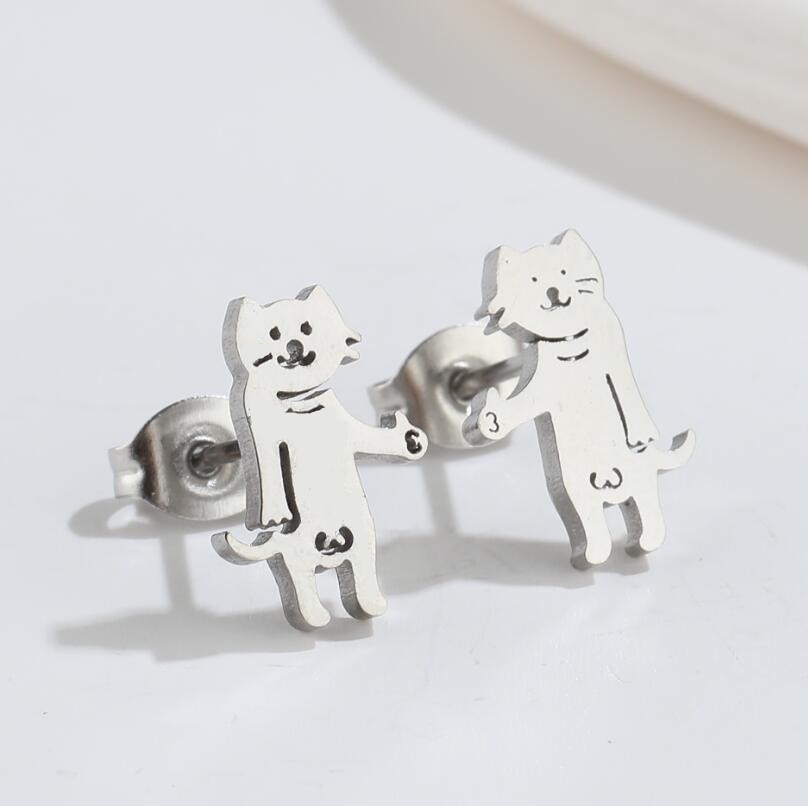 Cute Cat Titanium Steel Hollow Out Ear Studs 1 Pair