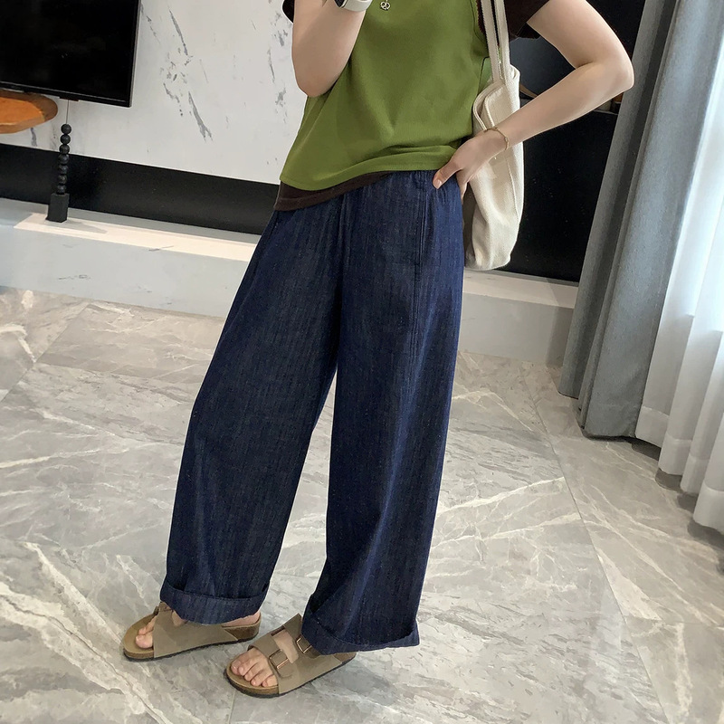 Relaxed Feel! 26 Summer Thin Blue Linen Straight-Leg Pants with Elastic Waist, Casual Cropped Wide-Leg Jeans for Women