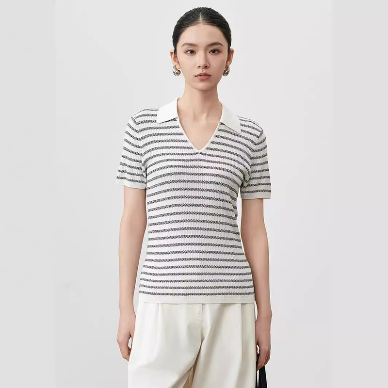 Carefully Selected Lyocell Summer Stripesd Polo Collar Shirt Mulberry Silk Knitted Bottoming Shirt Simple Niche Short-Sleeved Shirt