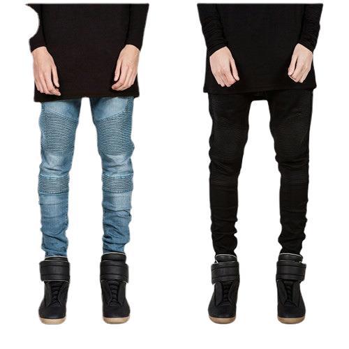 跨境外贸BIKER JEANS 潮牌机车裤EBAY热卖皱褶修身小脚微弹牛仔裤