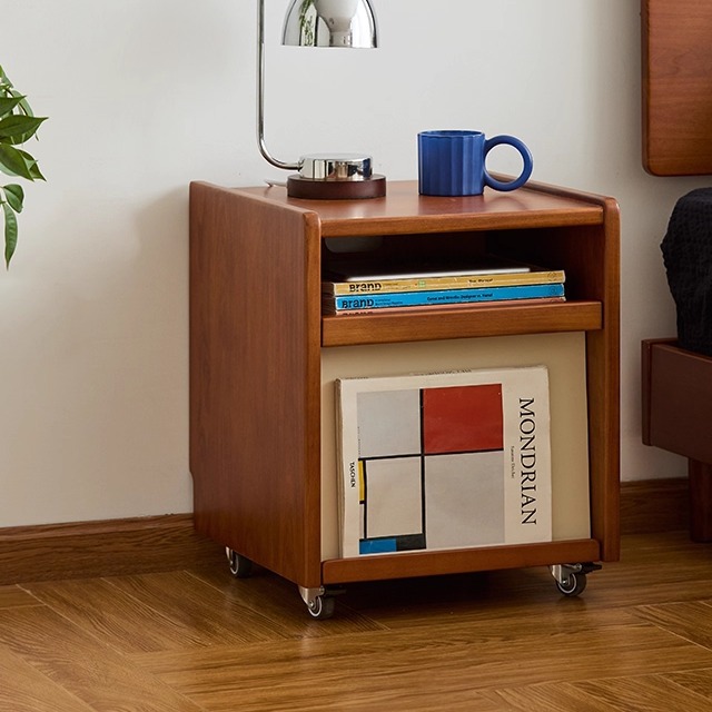 Movable Bedside Table with Wheels, Antique Style Home Bedroom Small Solid Wood Bedside Table Storage Bedroom Side Table