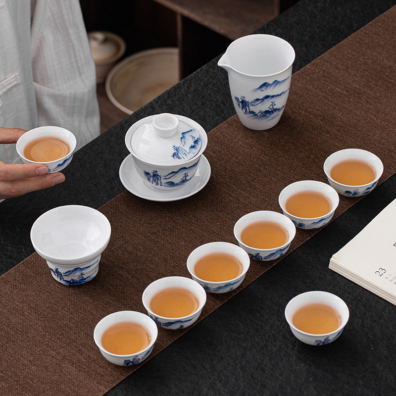 手繪青花茶具套裝手工茶具茶碗品茗杯三才蓋碗家用茶具商務禮品