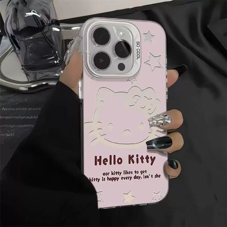 Чехол для телефона Hello Kitty, совместим с iPhone 13–17, IMD серебристый/розовый, мягкая рамка ТПУ