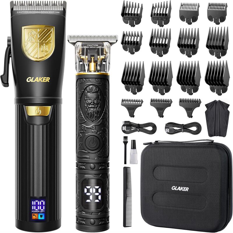 GLAKER cordless Barber scissors men's barber scissors and trimmer suit with LED display, 15 guide combs
